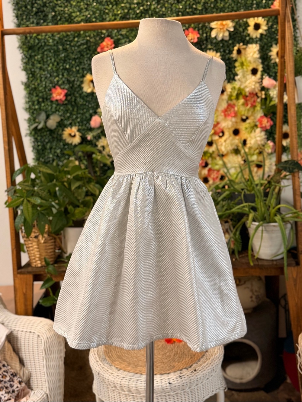 Lulu's Silver Shimmery Spaghetti-Strap Mini Dress